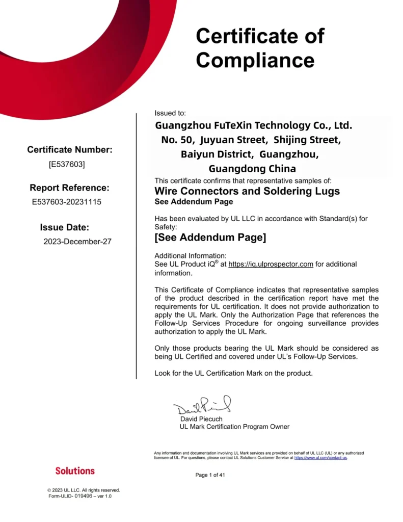 UL certified — certificate of compliance held by Guangzhou FuTeXin Technology Co., Ltd.